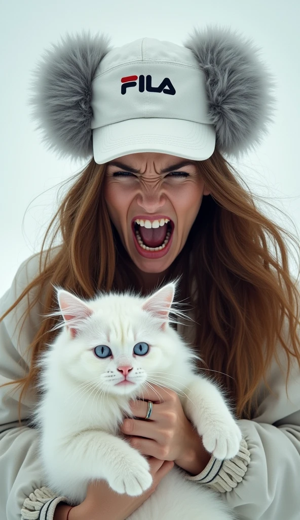 - A woman wearing a hat with gray fur earpieces.
- On the front of the hat is the "FILA" logo.
- The woman's expression is full of anger, as if she is violently screaming.
- The woman is holding a white cat with blue eyes.
- The woman's long brown hair hangs over her shoulders.
- The woman's upper body is almost naked, exposing her skin.
- The background is pure white space.
- Overall mood intense and violent.