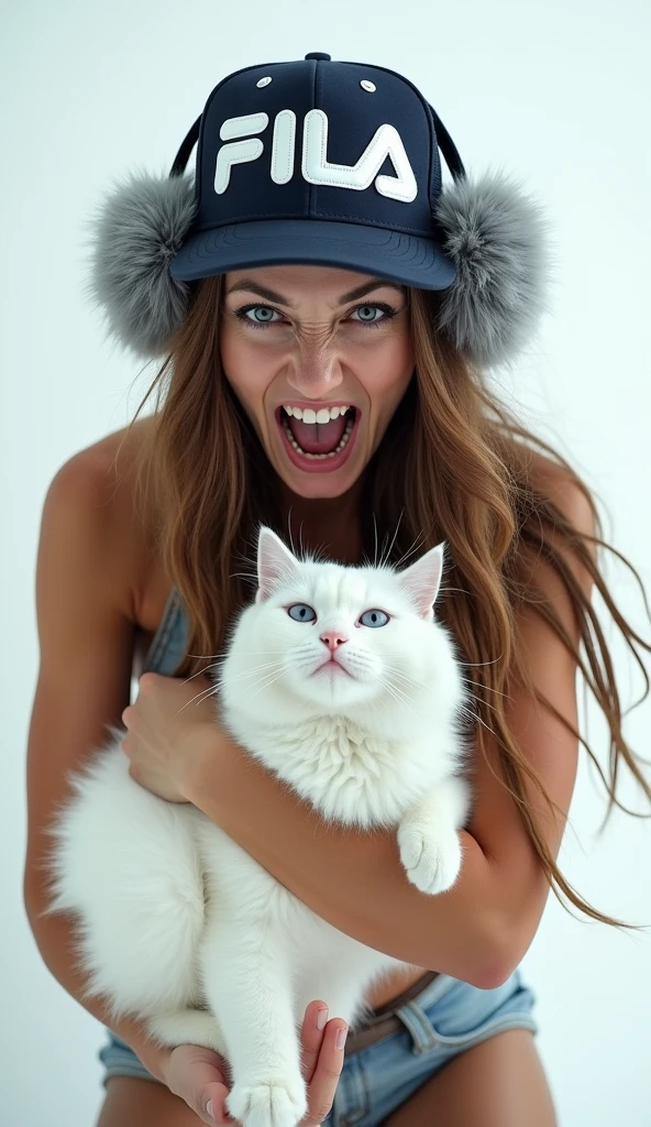 - A woman wearing a hat with gray fur earpieces.
 - On the front of the hat is the "FILA" logo.
 - The woman's expression is full of anger, as if she is violently screaming.
 - The woman is holding a white cat with blue eyes.
 - The woman's long brown hair hangs over her shoulders.
 - The woman's upper body is almost naked, exposing her skin.
 - The background is pure white space.
 - Overall mood intense and violent.
