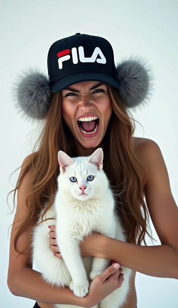 - A woman wearing a hat with gray fur earpieces.
- On the front of the hat is the "FILA" logo.
- The woman's expression is full of anger, as if she is violently screaming.
- The woman is holding a white cat with blue eyes.
- The woman's long brown hair hangs over her shoulders.
- The woman's upper body is almost naked, exposing her skin.
- The background is pure white space.
- Overall mood intense and violent.