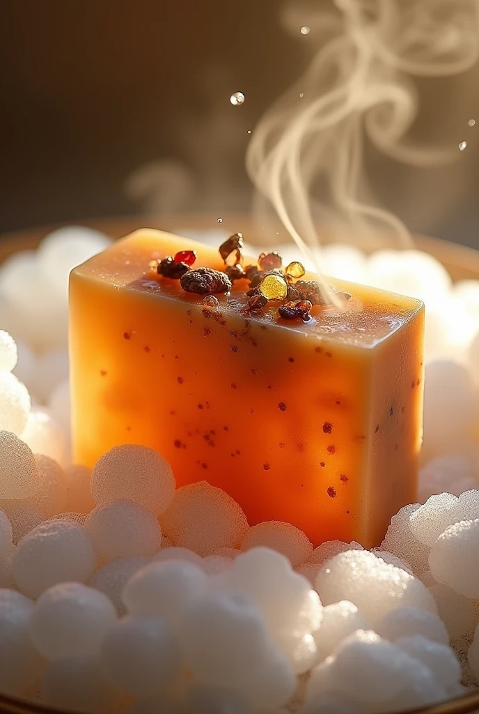 Patchouli essential oil is used in aromatherapy handmade soap to provide an extraordinary aroma. Introduction of patchouli essential oil. Detailed small bubbles create an atmosphere.