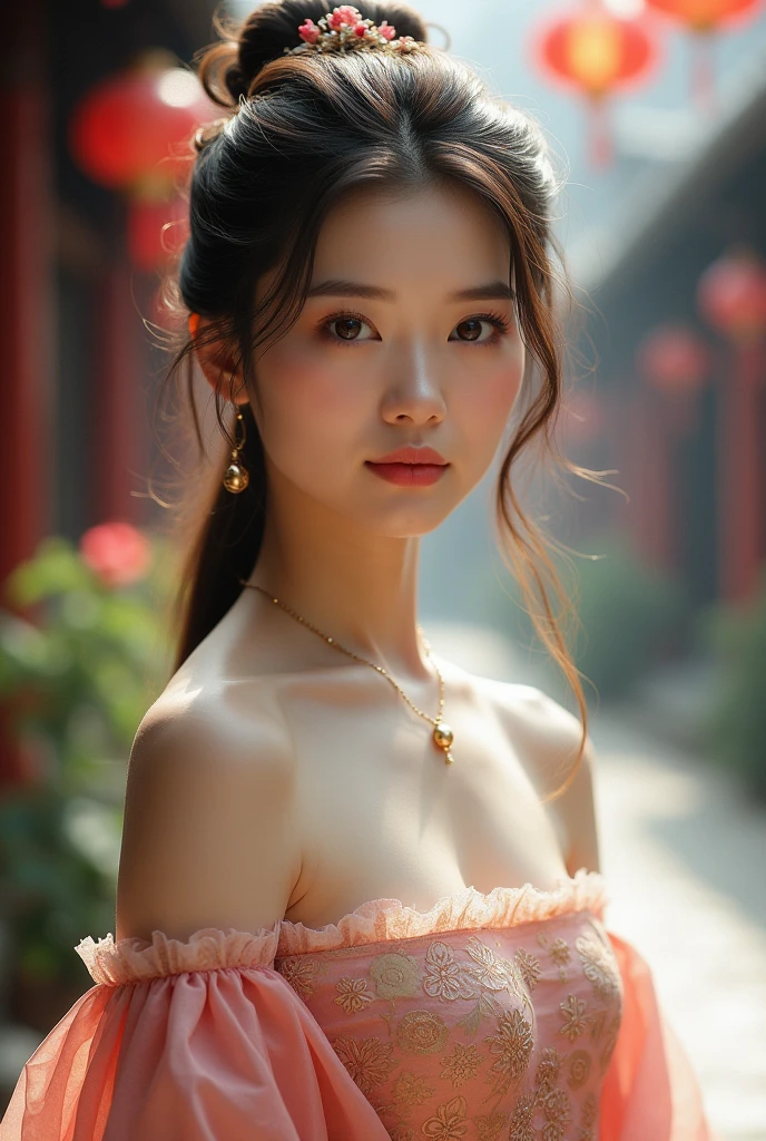 最high quality, masterpiece, High resolution, One person, Hanfu, Tang Dynasty Costume, small, Flat Chest, clavicle, Off-the-shoulder exquisite look, Realistic, Real People, (Skin with attention to detail: 1.4), SLR, Soft Light, high quality, photograph, High resolution, Background blur, Vintage Street