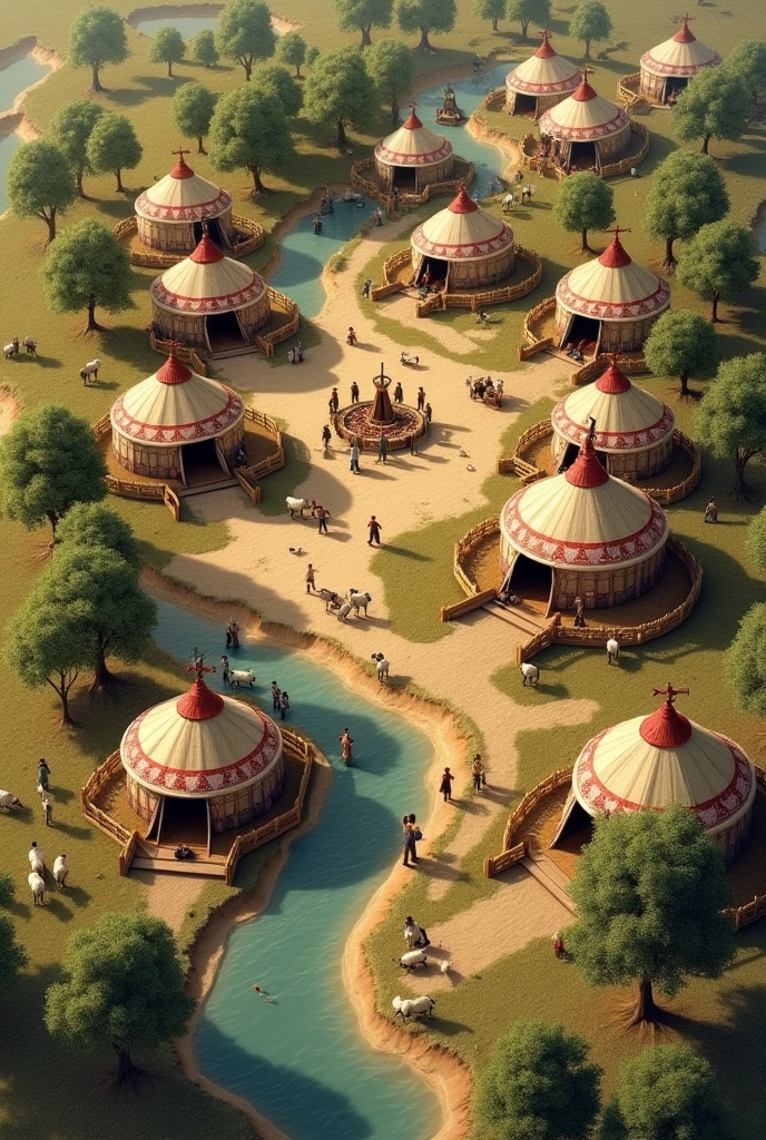 

"Create a highly detailed map of Ertugrul Gazi's camp from the 13th century, showing a Turkish nomadic settlement. The map should include multiple yurts (traditional Turkish tents or khema), with each tent surrounded by wooden fences. Depict livestock areas, central fire pits, and a market area with traders and warriors. Include topographical features like rivers, small hills, and tree clusters. The overall style should be historical, with earthy colors and a focus on authenticity. Incorporate ancient Turkish symbols and patterns around the map's borders."