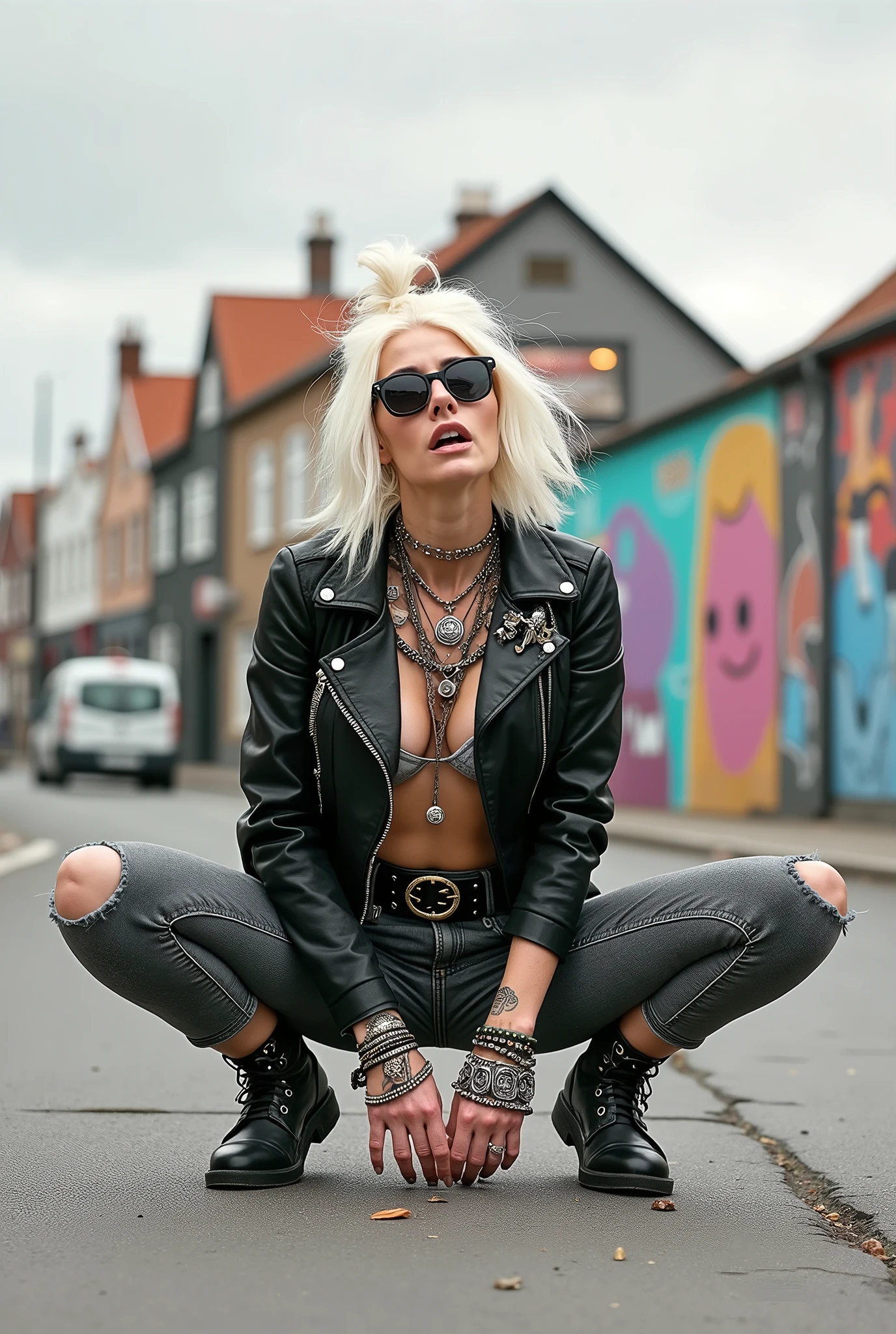 Icelandic old milf woman, platinum blonde hair (huge top bun) and sunglasses as headband (big maxi glasses), with very light blue eyes, extremely pale. Wearing cropped black moto jacket with zippers, pins and badges, black bra, skinny dark grey jeans and pointy Chelsea boots with cuban heels . Lots of metallic bracelets, pendants and collars. Tacky studded leather belt with oversized buckle. Wide loop earrings. Kneeling in a payer, looking up, eyes and mouth wide open in amazement. Hands on her knees. Listening in amazement to somebody speaking to her, toned six pack abs, thin legs and thin arms