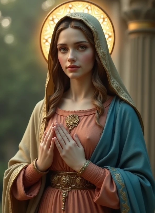 Beautiful Virgin Mary looking at the camera、Has moist eyes, (whole body:1.2), Wearing a reddish-beige tunic with a blue cloak and veil , Slim body, Beautiful legs, whole body, Daytime, Halo