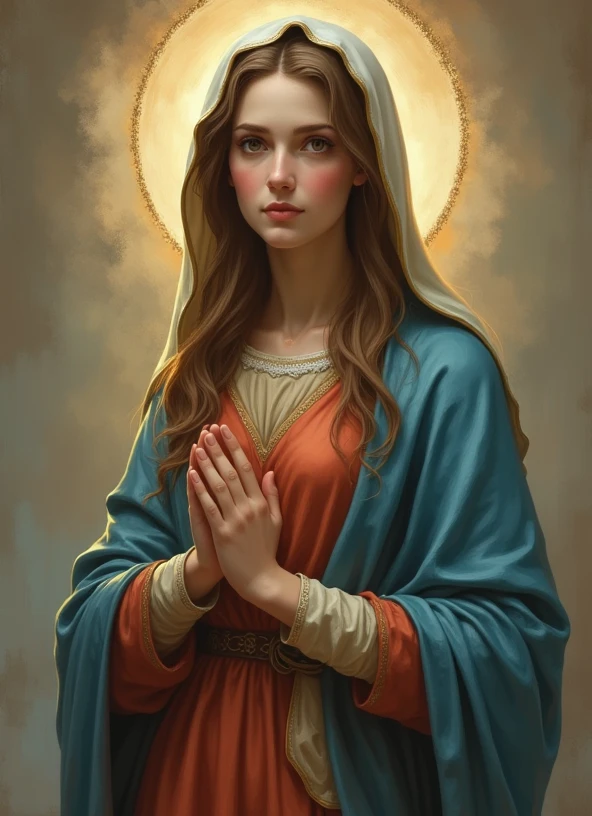 Beautiful Virgin Mary looking at the camera、Has moist eyes, (whole body:1.2), Wearing a reddish-beige tunic with a blue cloak and veil , Slim body, Beautiful legs, whole body, Daytime, Halo