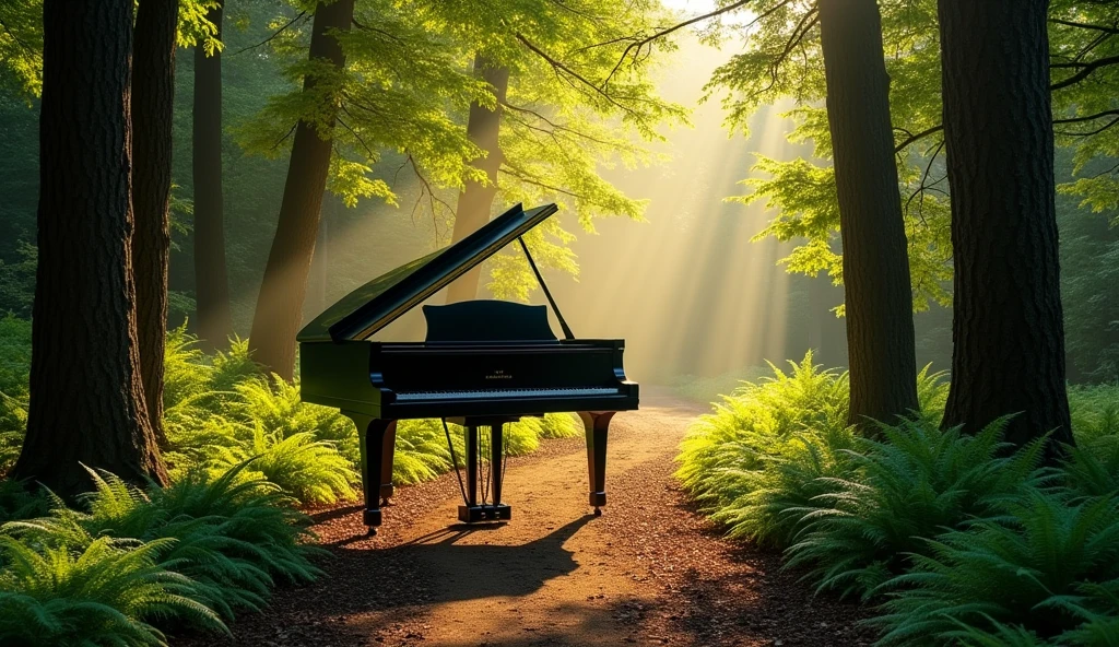 A large black grand piano sits in an open clearing in the woods. The image provided by the artist depicts a tranquil forest scene, with the sunlight filtering through the trees and casting soft rays of light on the paths lined with ferns and lush greenery. The overall atmosphere is tranquil and pleasant, and the play of light and shadow among the trees creates a sense of depth.
Here is the prompt for this image:
A large black grand piano set on a quiet forest path surrounded by tall trees with bright green leaves. Sunlight filters through the dense canopy, casting gentle rays onto the dirt path overgrown with ferns and undergrowth. The scene is serene, warm, and naturally lit, creating a peaceful, inviting atmosphere.”
Translated with DeepL.com (free version)