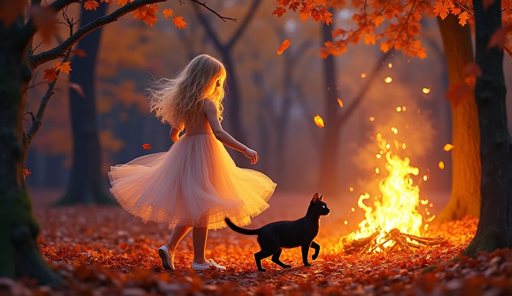 Autumn. forest. Beautifull blonde satanist girl dancing beside fire with black cat 