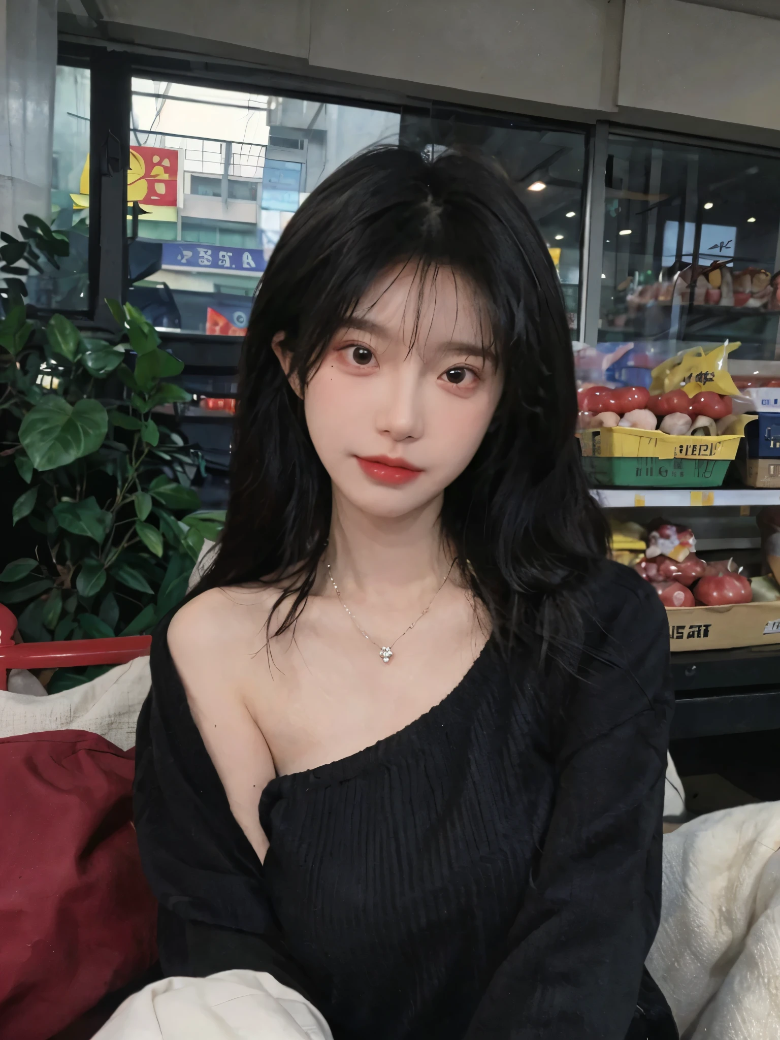 Best quality,Ultra-high resolution,(Realism:1.4),Cute hairpins,girll,Cropped black sweater,Look directly at the audience,Full of atmosphere,Beautiful woman with a slim figure:1.4,supermarket,whole body,Super delicate face,Exquisite eyes,Double eyelids,necklace