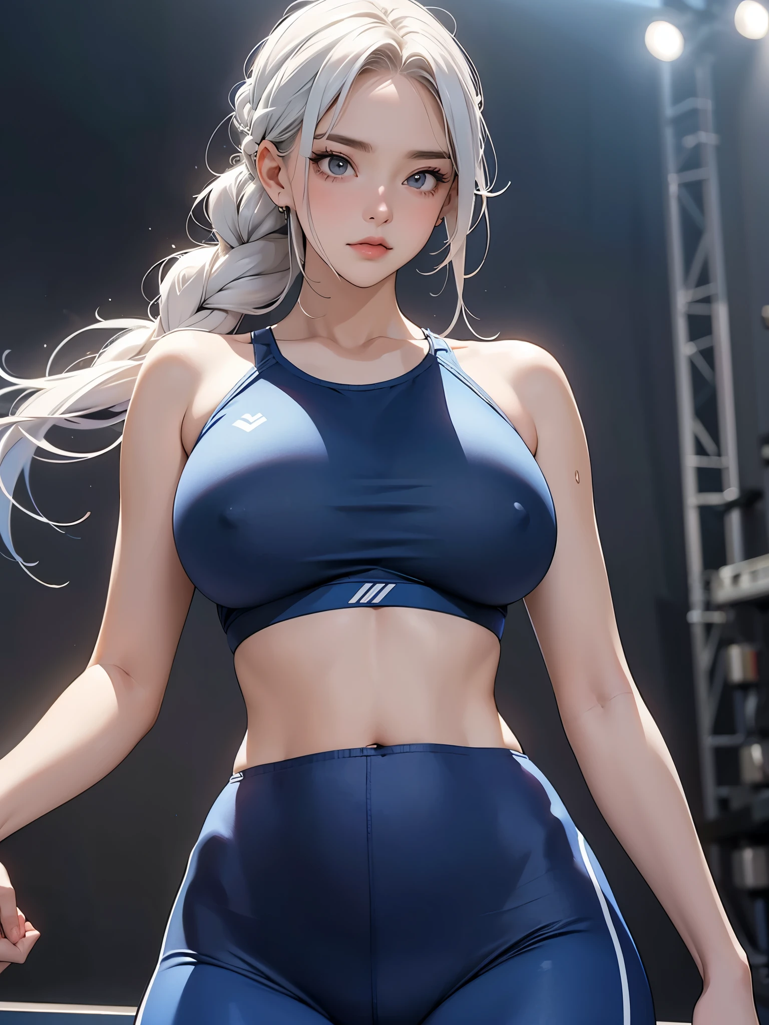 huge boobs. 20대의 건강한 젊은 여성. wearing a blue and black sports bra with matching leggings. She has long, braided white hair. Her expression is calm and neutral as she prepares for a workout session. a model looking directly at the camera. on the stage. 
huge boobs. she is walking.