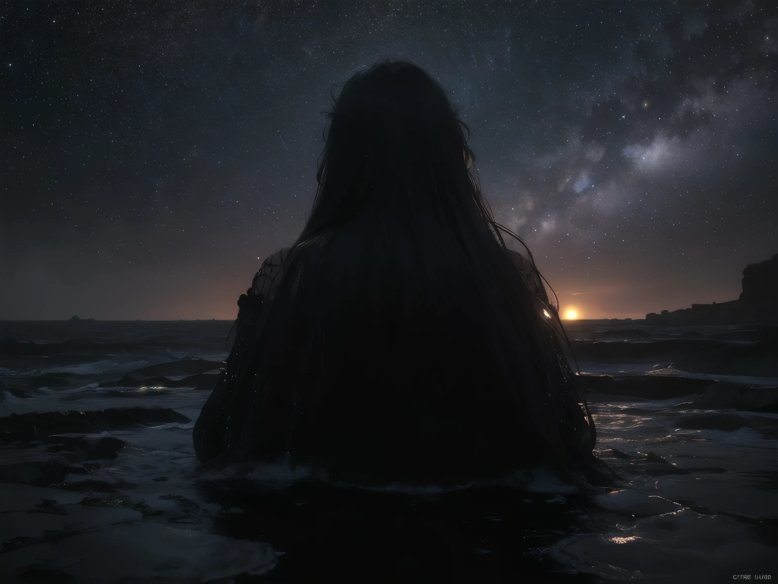 (Starry Sky,Sea of stars),(Strong Shadows:1.3),water vapor,(Horror Style),(curse:1.3),(soul:1.3),(ultra Realistic 8k cg, RAW Photos, Highest quality, masterpiece:1.2),High resolution raw color photos,Professional photos,(Realistic, photo-Realistic:1.3),(Highest quality),(Cinematic Light),(masterpiece),Strong Rim Light,prairie
