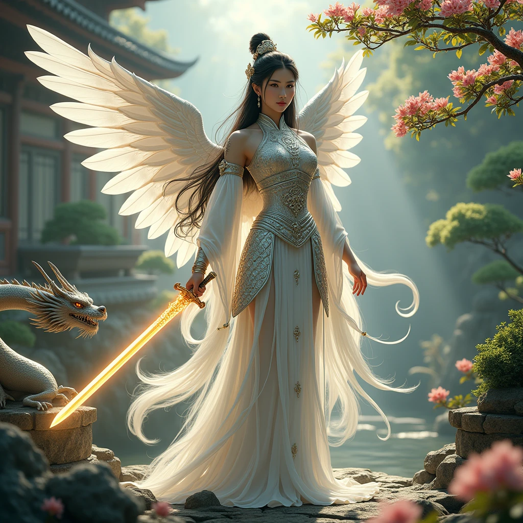 Hyperrealistic image of a majestic and beautiful Chinese warrior girl, adorned in highly intricate and detailed traditional armor, wielding a mystical sword that glows magically, with flowing black hair, intricate tattoos that glow faintly, and two elegant white wings sprouting from her back. She is in a serene garden with cherry blossoms, The dragon rests by the girl's arm, scales shining in the sunlight, and eyes full of wisdom and power. The garden is an oasis of tranquility, with meticulously pruned miniature bonsai trees, vibrant flowers, intricately detailed. The scene is depicted in a combination of traditional Chinese art style and modern fantasy illustration, with detailed lines, dynamic composition, vibrant colors, and ethereal lighting, inspired by the works of Fenghua Zhong and Xiaodi Jin