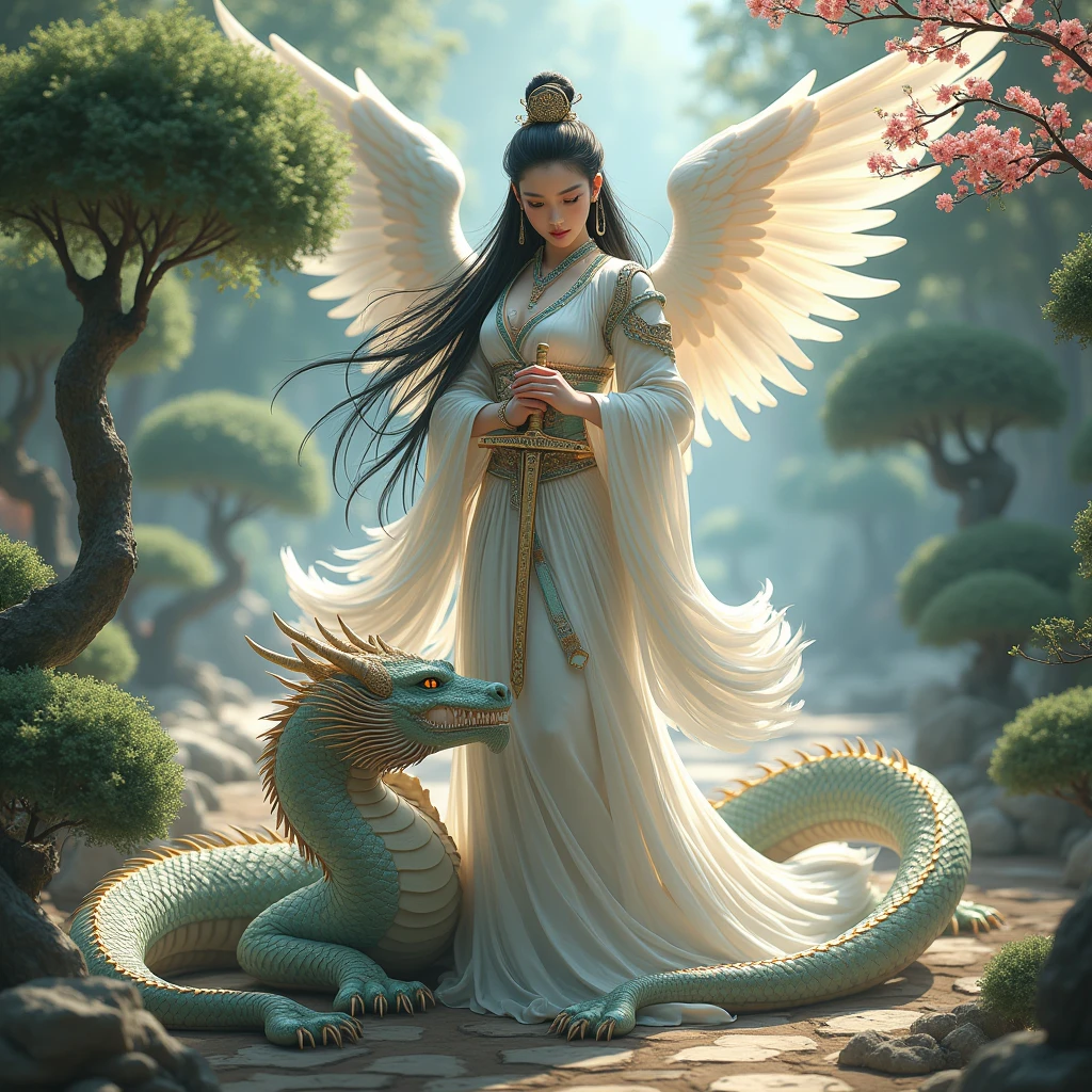 Hyperrealistic image of a majestic and beautiful Chinese warrior girl, adorned in highly intricate and detailed traditional armor, wielding a mystical sword that glows magically, with flowing black hair, intricate tattoos that glow faintly, and two elegant white wings sprouting from her back. She is in a serene garden with cherry blossoms, The dragon rests by the girl's arm, scales shining in the sunlight, and eyes full of wisdom and power. The garden is an oasis of tranquility, with meticulously pruned miniature bonsai trees, vibrant flowers, intricately detailed. The scene is depicted in a combination of traditional Chinese art style and modern fantasy illustration, with detailed lines, dynamic composition, vibrant colors, and ethereal lighting, inspired by the works of Fenghua Zhong and Xiaodi Jin