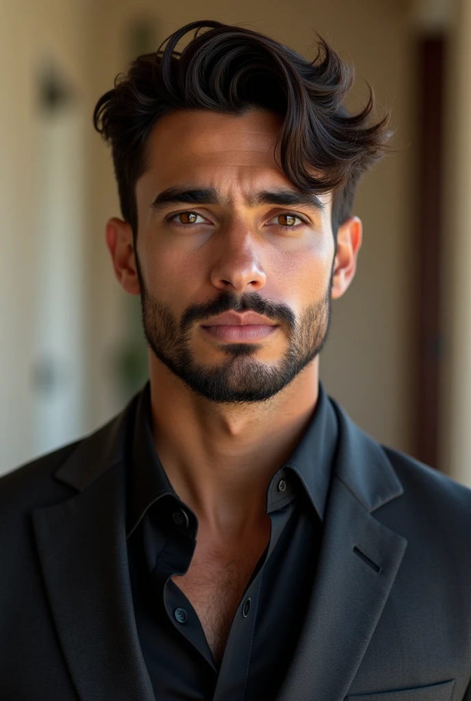 (Photorealism:1.2), LEANDRO DOS SANTOS Mexican 24 years old Light to very light matte complexion Growing beard Drawn eyes Hazel Dark brown hair, Short with a few strands falling on his forehead Well-defined muscles 1m78 Full lips With a fine nose Dressed in a chic and neat way Very handsome With a fairly luxurious house background but not too much Face quite round but fine