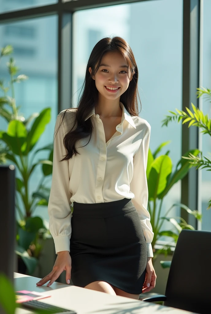 Japanese most beautiful office worker woman, erotic, stylish, smiling, wearing garter belt, stokings