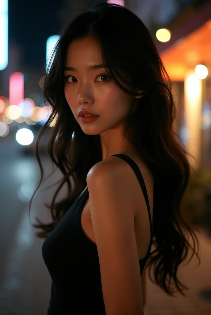 Sexy and hot Korean girl. Wavy long hair, black hair, light brown eyes, big curves, seductive, sexy, erotic, beautiful face that everyone loves,