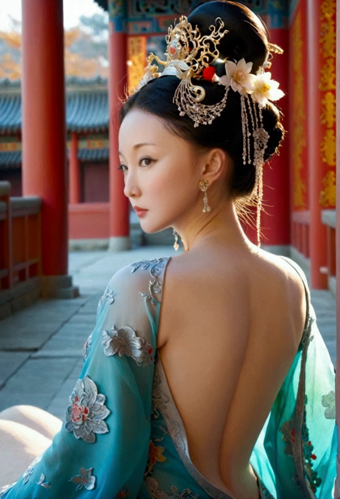 A naked woman from the Qing Dynasty has rather large breasts and her buttocks are sticking out, as seen from her profile., The background is outside the Qing Dynasty Palace