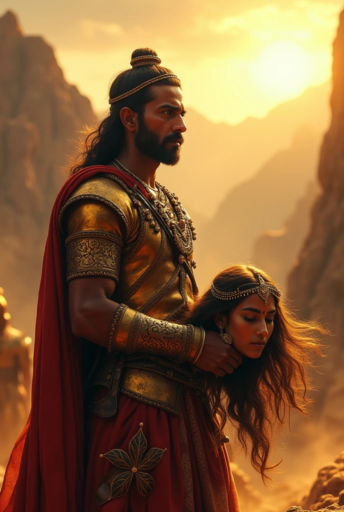 A Rajputi warrior hang his beautiful princess severed head around his chest 