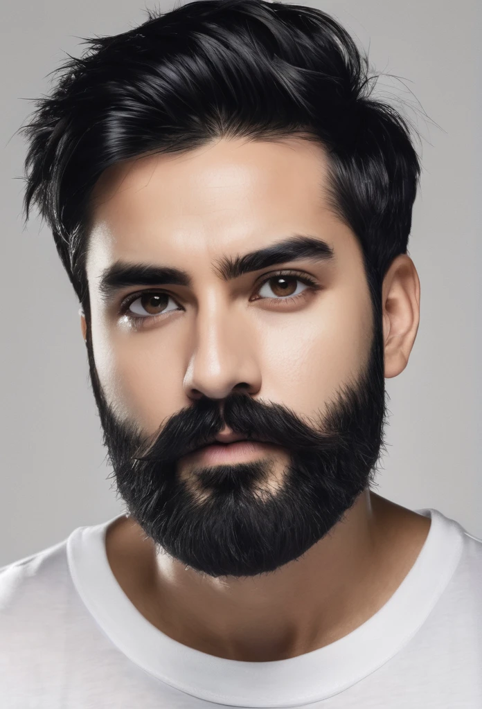 Man, short black hair, black eyes, big noise, medium black beard, big eyebrow  with white t-shirt modern