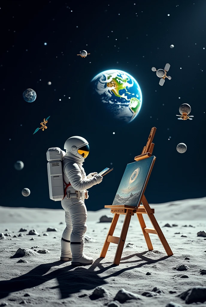 An astronaut with an easel and paintbrushes, painting a scene of the Earth seen from the Moon, with paint tubes and canvases floating around him.