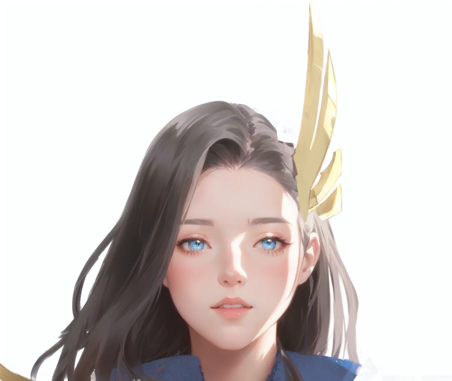 She wears a feather on her head,Wearing a blue shirt。, Produced in collaboration with Anime Painter Studio, Painting in an anime artist studio, High-quality fanart, Detailed fan art, Color Sketch, loki portrait, Close-up characters, Half-length portrait, Stylized portrait, Use a thick brush, Character Art Close-up, rossdraws 1. 0, fast, Rossdraws Portrait