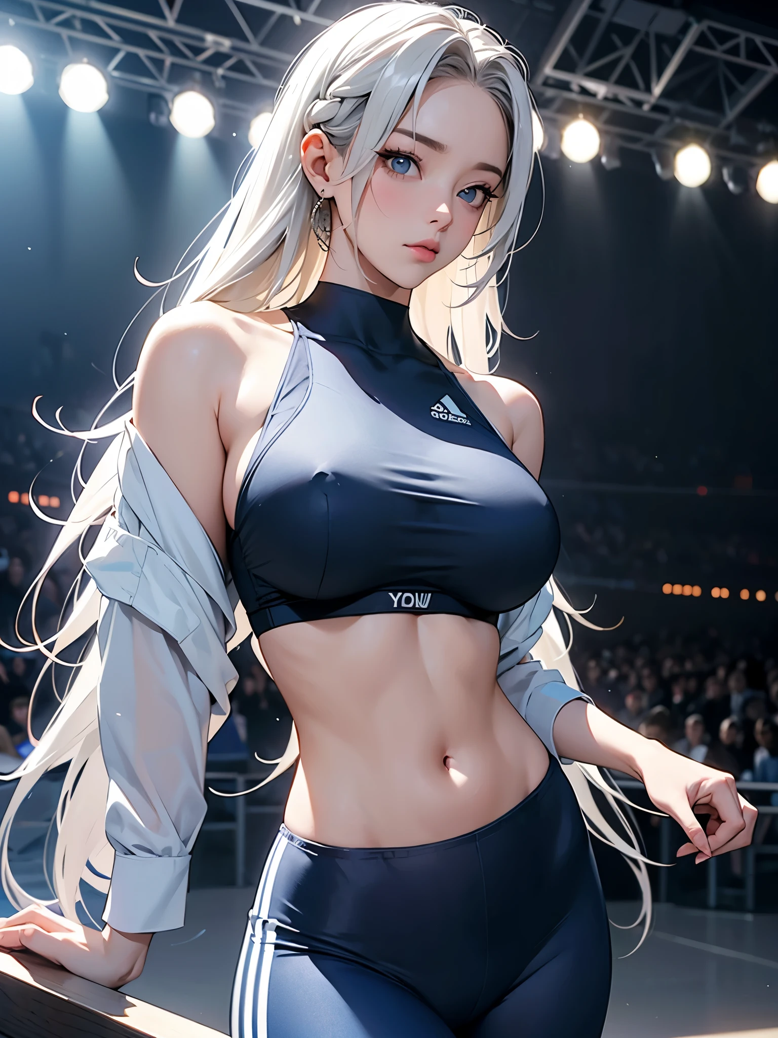 huge boobs. 20대의 건강한 젊은 여성. wearing a blue and black sports bra with matching leggings. She has long, braided white hair. Her expression is calm and neutral as she prepares for a workout session. a model looking directly at the camera. on the stage.
huge boobs. she is walking.
