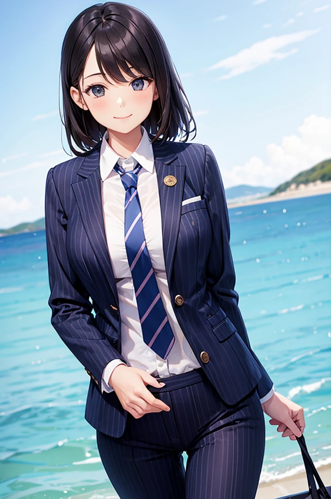 Woman in striped suit smile tie