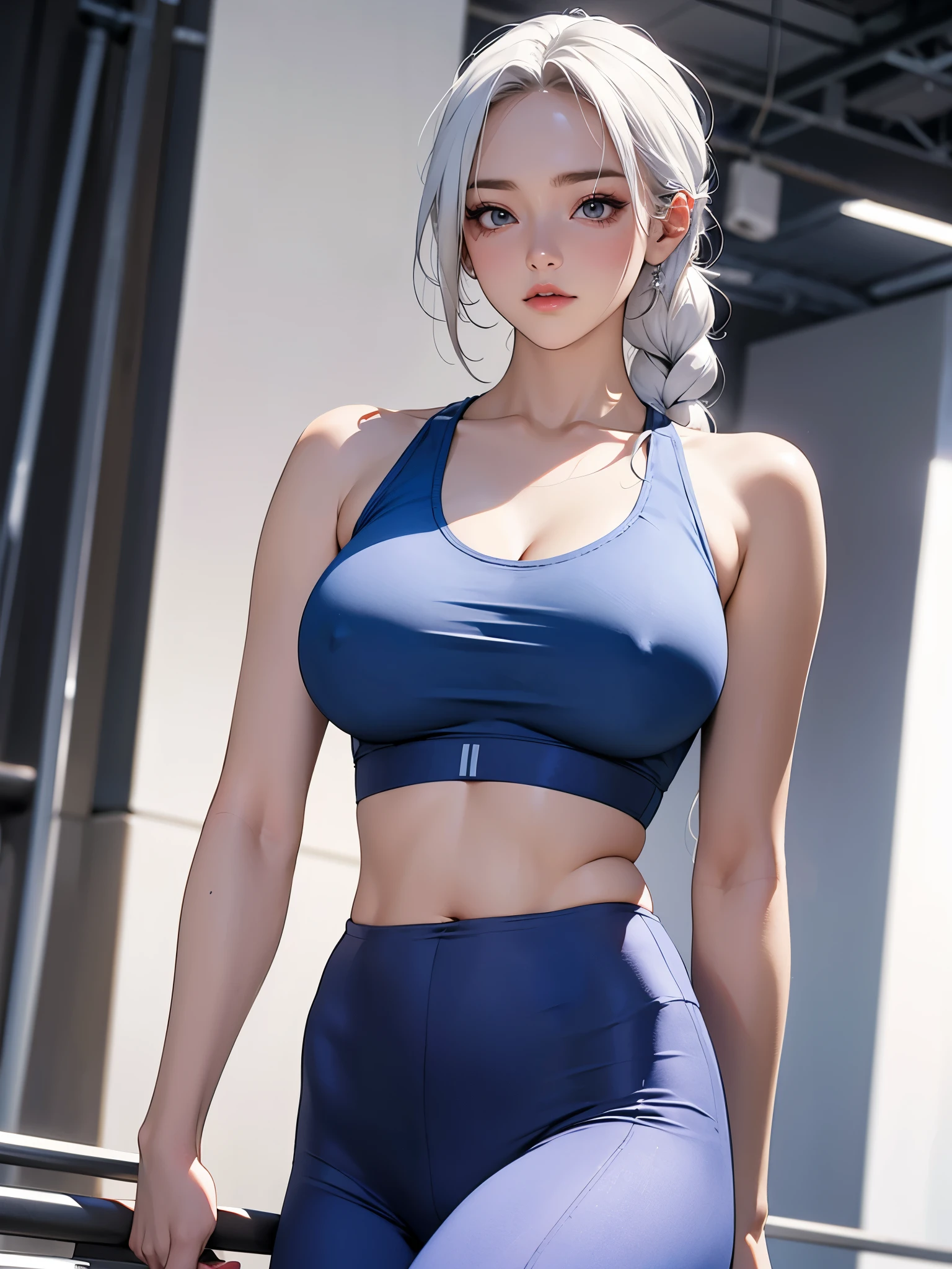huge boobs. 20대의 건강한 젊은 여성. wearing a blue and black sports bra with matching leggings. She has long, braided white hair. Her expression is calm and neutral as she prepares for a workout session. a model looking directly at the camera. on the stage.
huge boobs. she is walking.