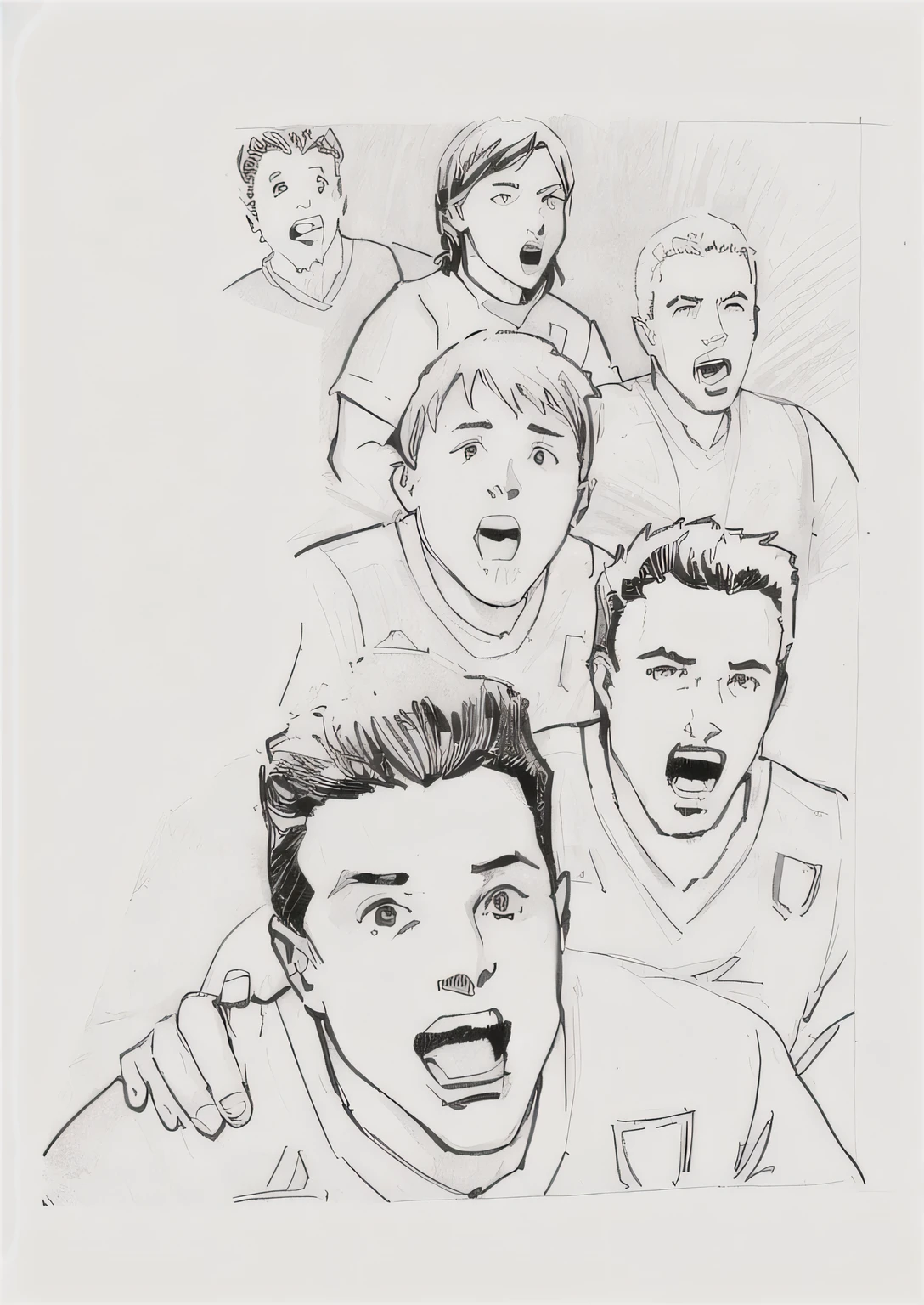 sketches of a group of football fans with faces drawn in black and white, comic illustration, intense line art, comic book illustration, full page illustration, inspired by Jim Lee, anime style