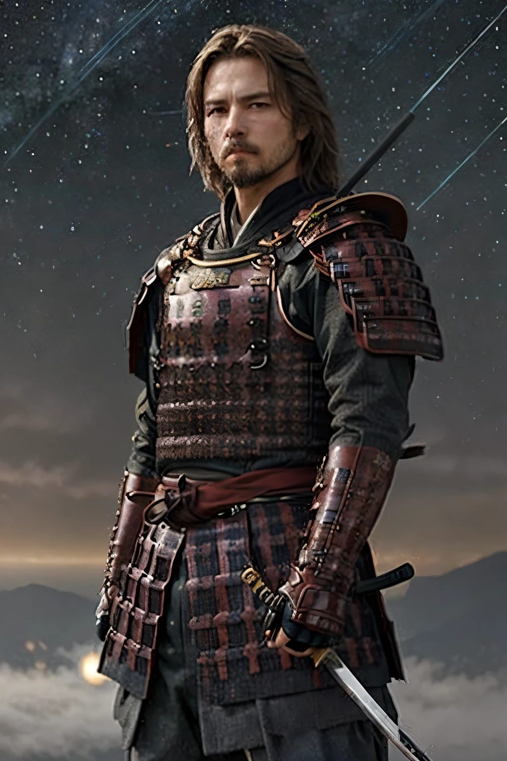 (Starry sky background:1.2)、(masterpiece, Highest quality:1.2), The Last Samurai tc, alone、(A battlefield shrouded in morning mist)、Blur the background、Standing with sword lowered、