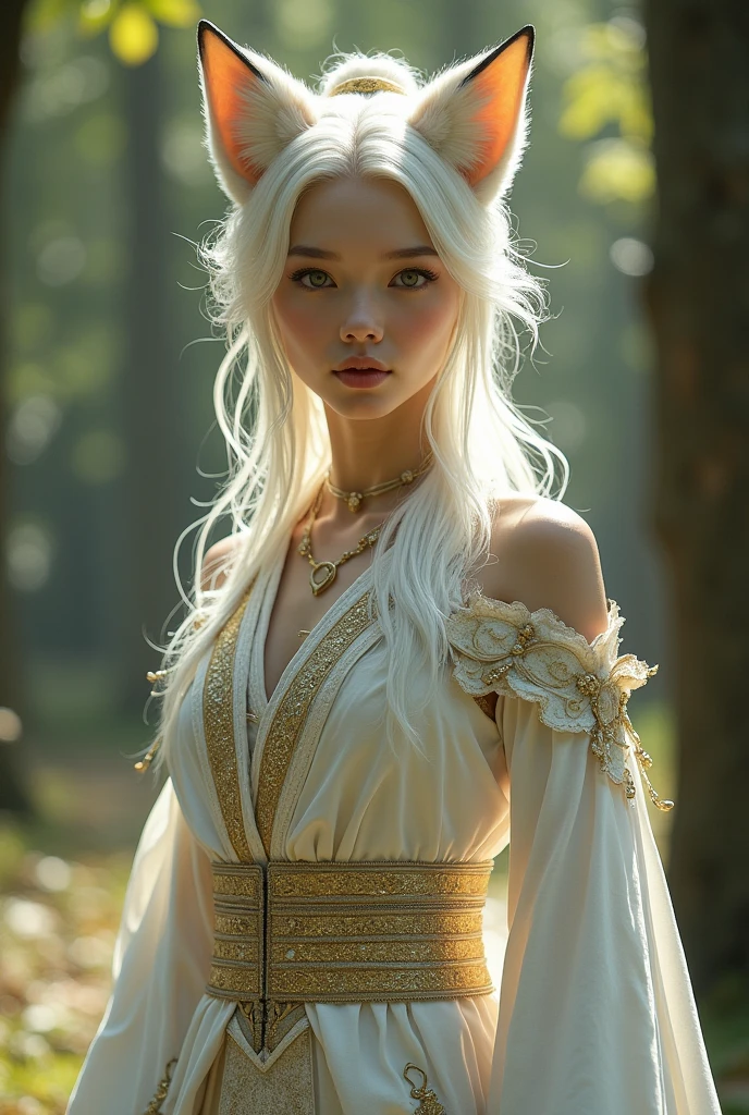 (((Solo Exhibitions)), White and gold outfit, Lots of decorated costumes, (whole body) Capture the most beautiful works of art in detail, Intricate details, Attention to detail, Ultra Realistic, Hidden Armor,  figure, リアルなAnthropomorphic Art, (Anthropomorphic Art!!!, (((Female Human Arctic Fox Priest)), forest, very, very beautiful human art, Realistic, 8k, No human hair, No repetition, No repeated endings, No clones, The head is not large