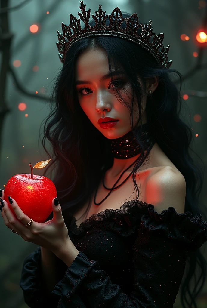 ((raw photo), absurd, (absurdresolution)), masterpiece, Best Quality, (Extremely detailed 8k unity CG wallpaper), (best illustration), (best shadow), Realistic lighting, beautiful detailed glitter, ((21 years)), Girl, long black hair, black queen, Accessories, Apple in hand, poisoned apples, Witch Queen, Red lipstick, (((Photographic perspective of her)))