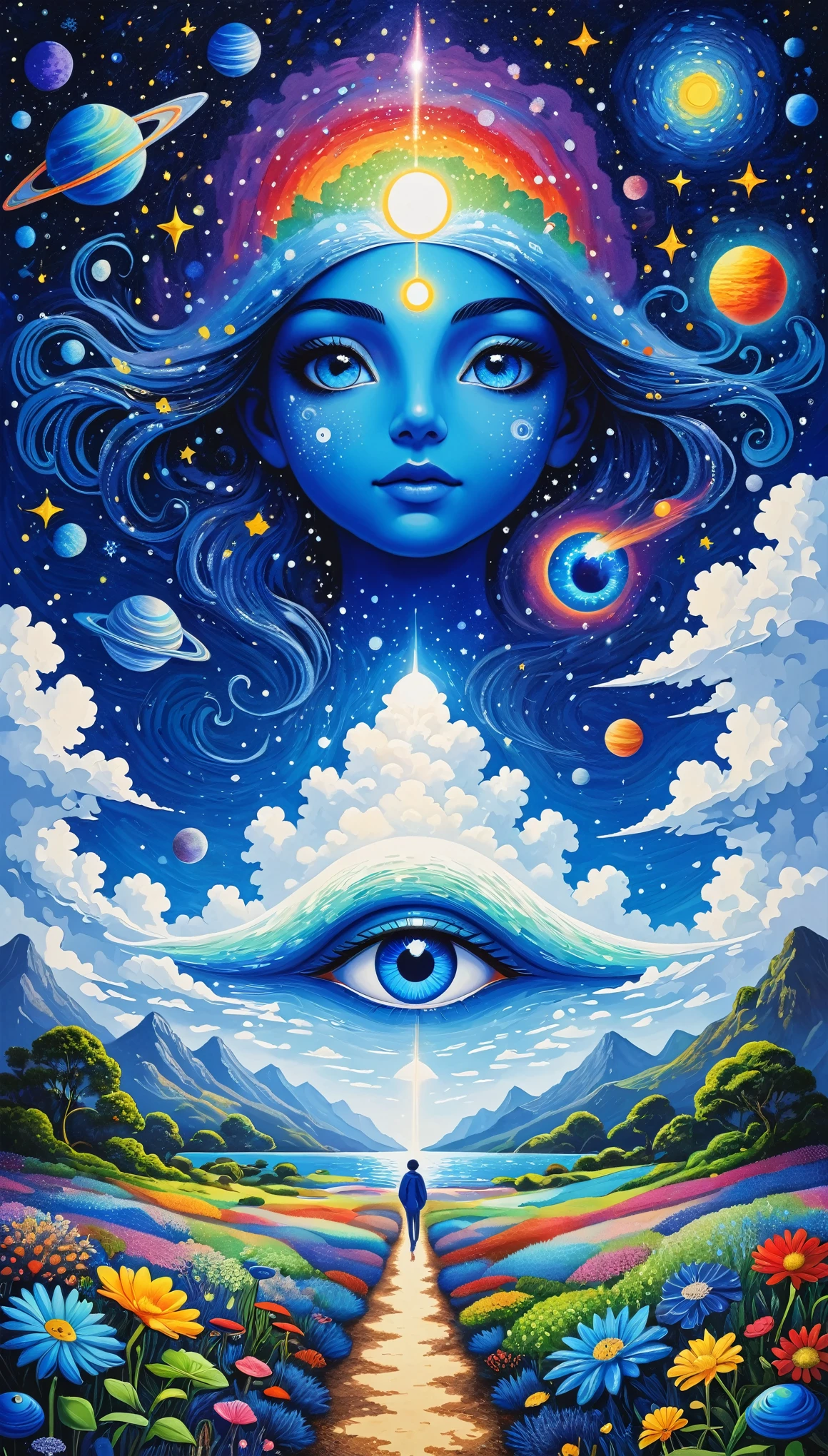 Psychedelic Art。plant、Marine Life、(((Charming eyes,The Third Eye)))、cloud、Starry Sky,Galaxy、Planet、Stitching together an abstract painting,Describing the inner world of autistic people,Sense of space,Blank,White space,Pointillism method,Childish lines,Klein Blue,Incorporating Monet's artistic style