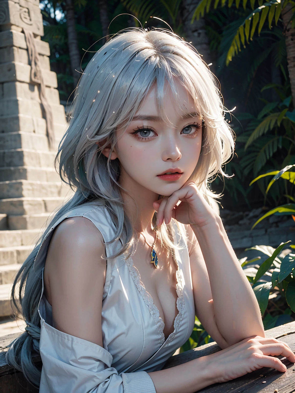 (masterpiece, best quality, ultra-detailed, best shadow), (detailed background, cowboy shot, sky, lightning bolt, maya civilization, mayan pyramid, forest, jungle, looking at viewer, serious, angry), (detailed face, feminine features, delicate face), (best illumination), ((cinematic light)), colorful, hyper detail, dramatic light, intricate details, (woman named Caelumon, Mayan, white-skinned female, white hair, yellow eyes, white hair, braid, mayan clothes, god )