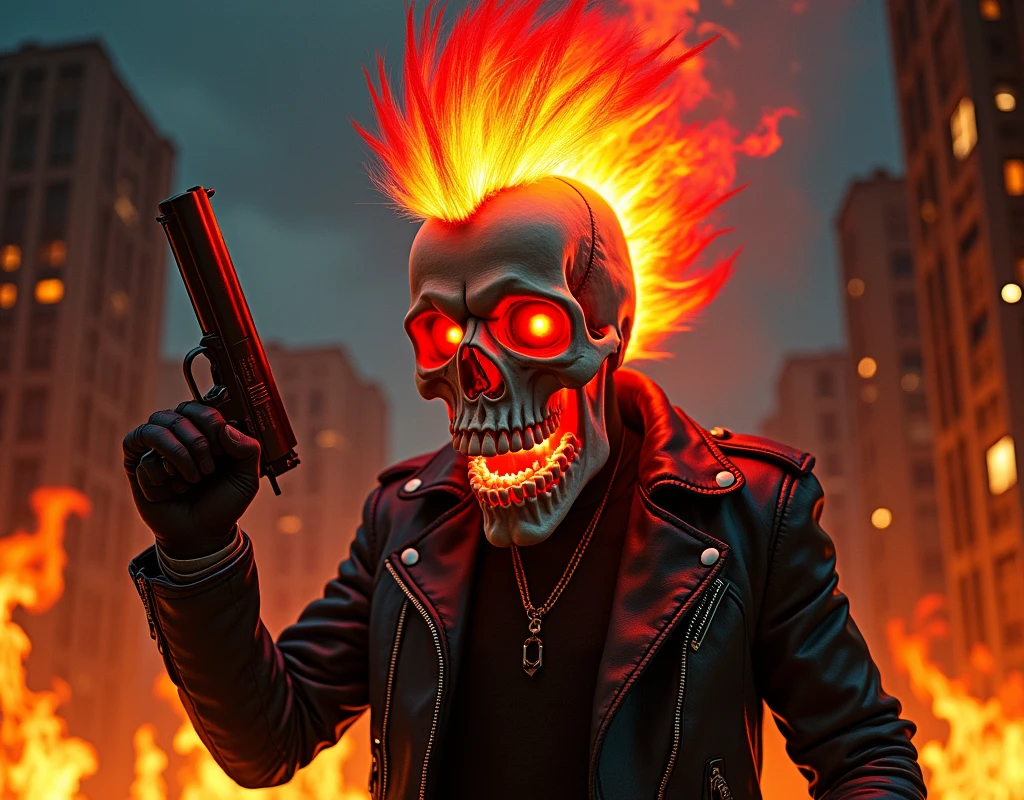 Flaming punk skull with red mohawk, 1 man, wide open mouth, detailed teeth, red eye sockets, scary style, high contrast, (best quality, 4k, 8k, high resolution, masterpiece:1.2), ultra-detailed, (realistic, photorealistic, photo-realistic:1.37), HDR, UHD, sharp focus, flat illustration, bold lines, (punk, rebel, aggressive: 1.2), he wears a leather biker jacket (punk, rebel, aggressive), he has a pistol in his hand (Pistol: 1.4), he has a burning skull (fire: 1.3), Environment and an urban area on fire (Urban Fire), Night