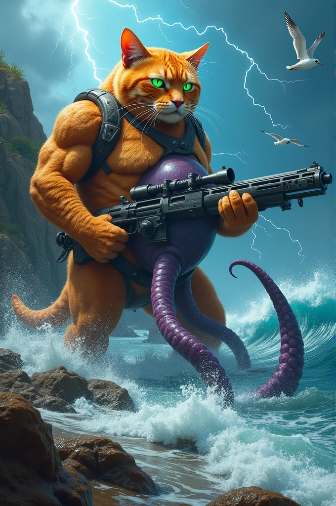 big giant cat. He has a gun in his chest.. He fights a giant octopus in the sea.