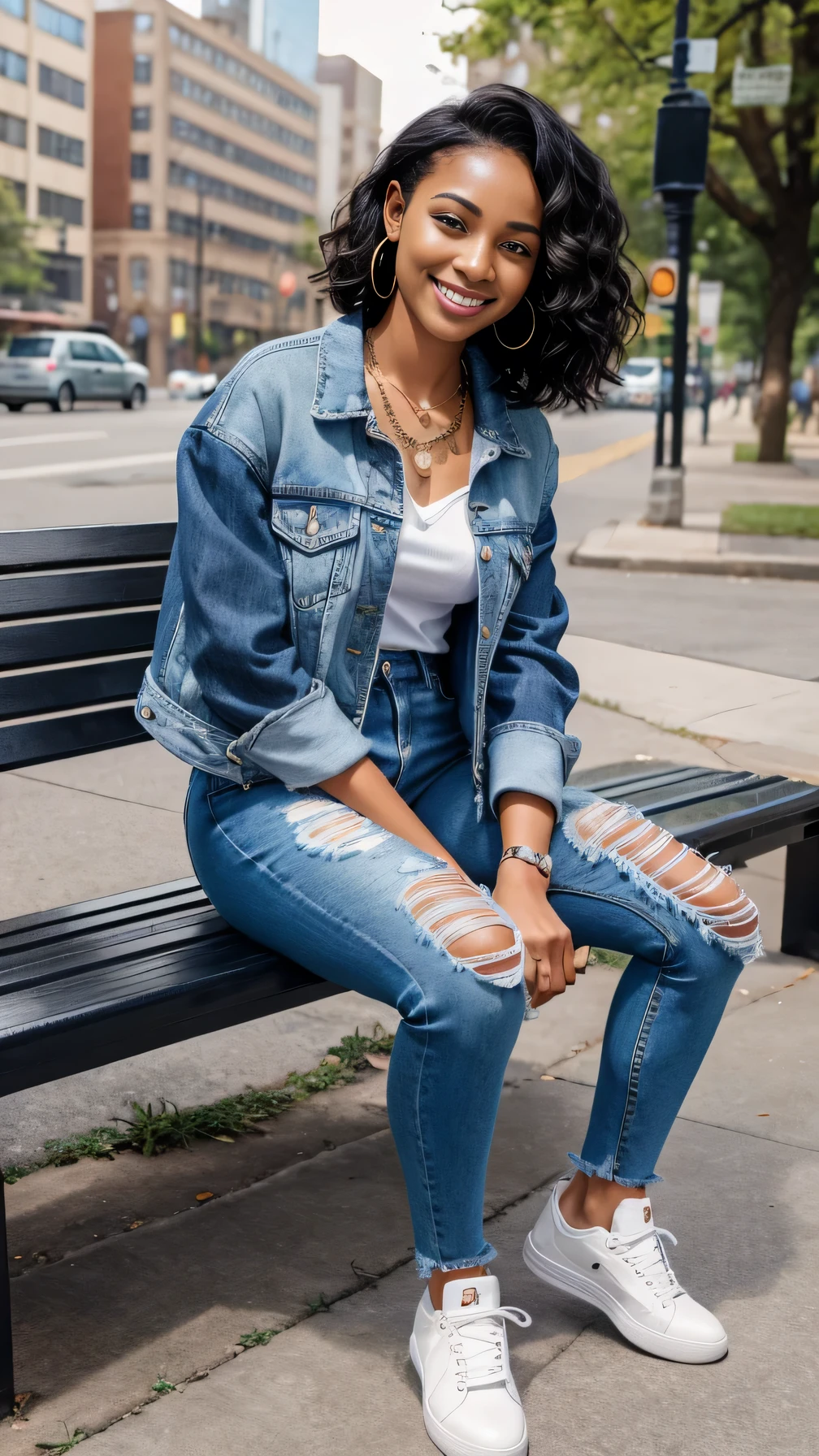 Super Resolution、Beautiful black woman、Full body photo、sitting on a park bench、、short hair、Wavy Hair、ear piercing、、necklace、Denim jacket、shirt、Skinny jeans、sneakers、I wear black socks.、smile、Beautiful teeth alignment
