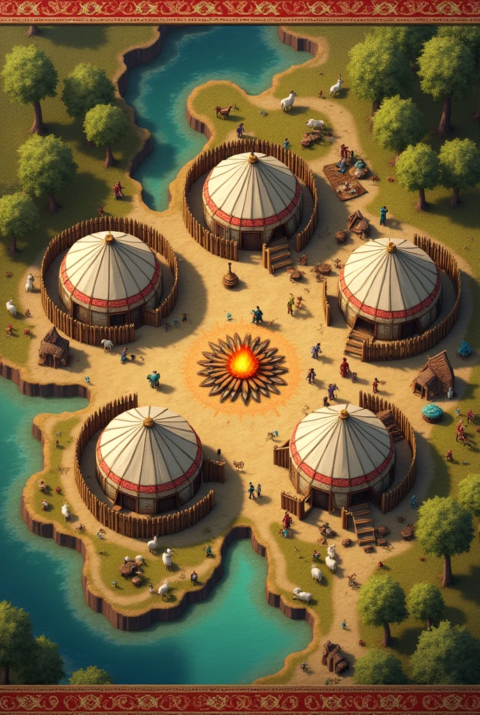 "Create a detailed map of Ertugrul Gazi's 13th-century Turkish camp, featuring a nomadic settlement. The map should prominently display several yurts (khemas), arranged in a circular formation with each surrounded by wooden fences. Include a designated area for horses, with horses tied to posts and grazing nearby. Show a bustling market area where traders display goods, and warriors roam. Depict a central fire pit where people gather, and nearby livestock areas with sheep and goats. The map should also include natural features like rivers, small hills, and clusters of trees. The style should be historical and authentic, with earthy tones and traditional Turkish patterns around the borders.