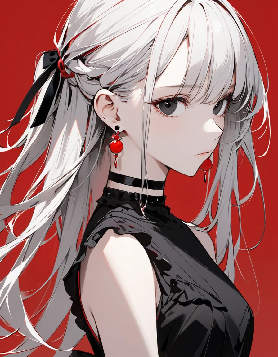 best quality, beautiful, hair tie, 8K, expressionless, side body, head tilt look view, black eyes, slim, dress, earrings, choker, concept, red background