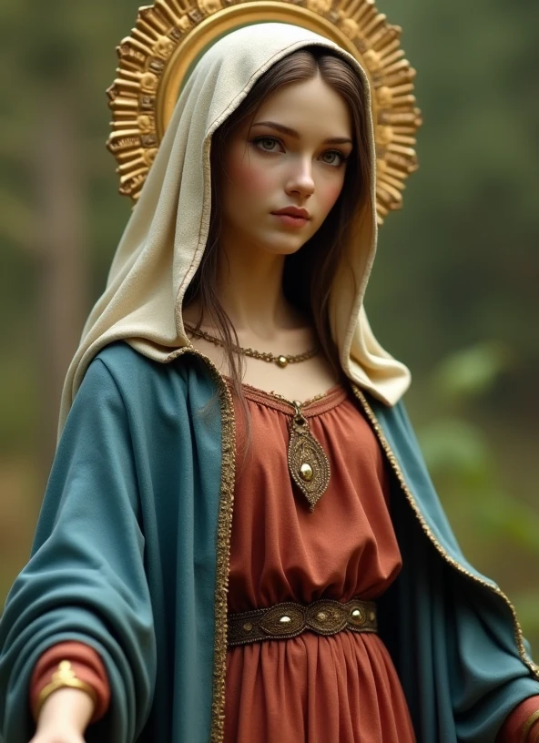 Beautiful Virgin Mary looking at the camera、Has moist eyes, （whole body：1.2）, Natural skin texture, Natural eye size, Wearing a reddish-beige tunic with a blue cloak and veil , Slim body, Beautiful legs, whole body, Daytime, Halo