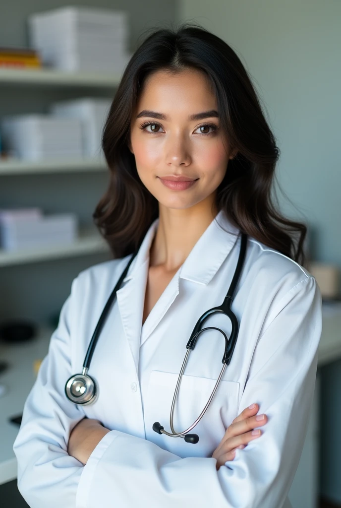 Full-body photo of a young woman with fair skin and delicate face posing for a photo with a desk and a doctor's office as a backdrop. She is wearing a white doctor's coat with a stethoscope draped over her shoulders. Her dark hair is scattered down over her shoulders, highlighting her eyes that stare straight at the viewer in the middle. The overall feeling is innocence, and the light is soft and diffused, very realistic, the picture is