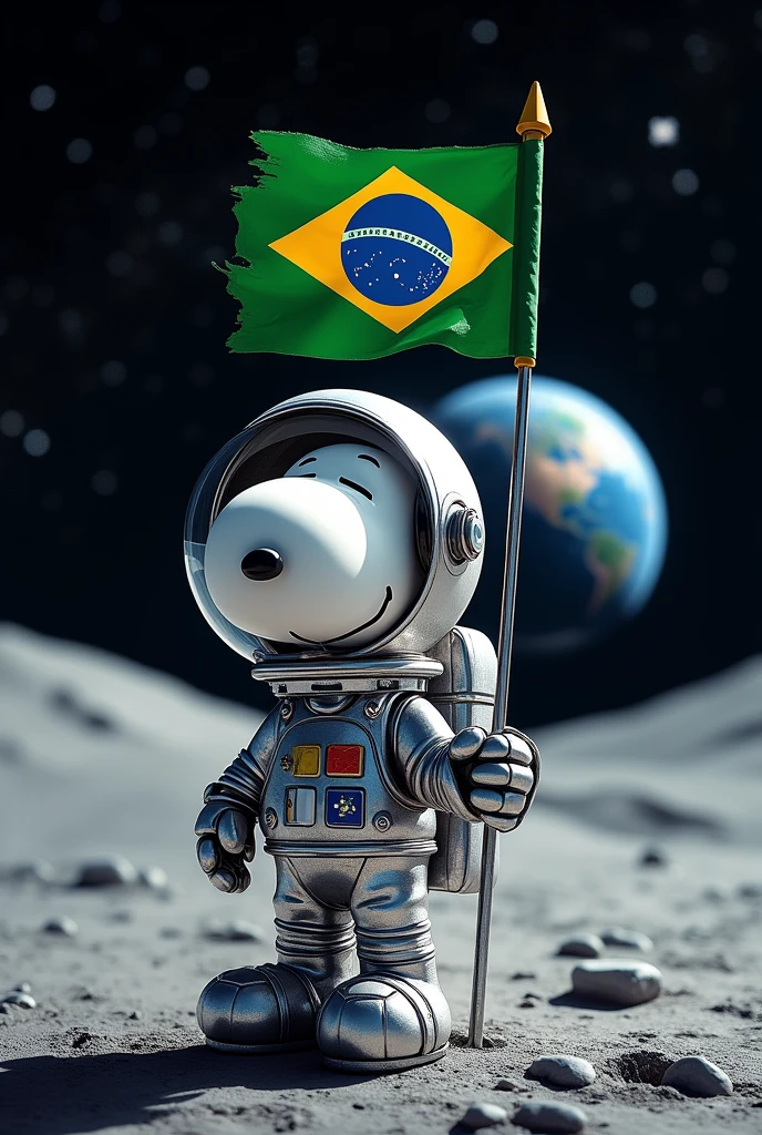Snoopy the beagle from "Peanuts" wearing an astronaut bubble helmet that covers his head, silver space suit and big bulky silver hockey gloves and white backpack. He is in on the moon. and holding an Brazilian flag on a pole stuck into the ground. earth is over the moon horizon in a starry sky. done in photorealistic style. ((more detail, enhanced))