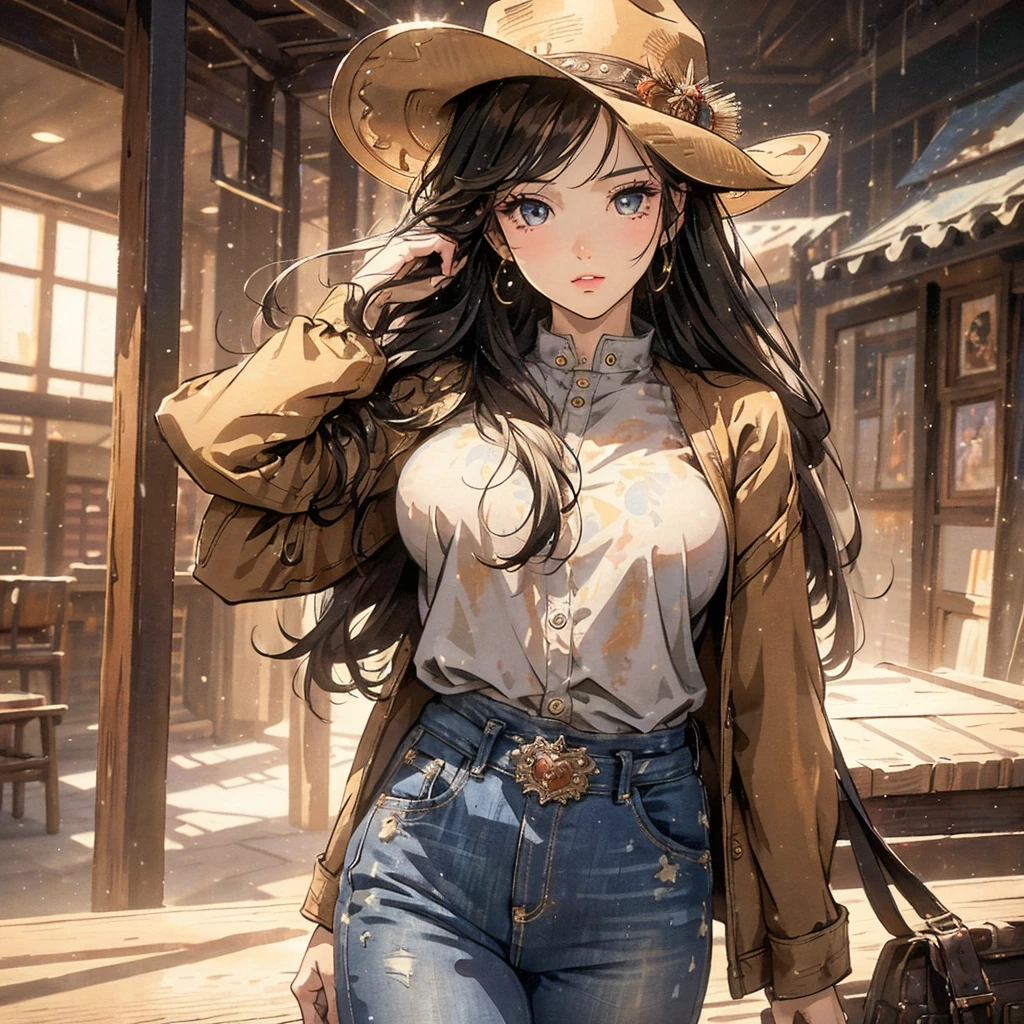 a photorealistic, highly detailed shot of a beautiful young woman in a cowboy outfit, solo, against a transparent background, (best quality,4k,8k,highres,masterpiece:1.2),ultra-detailed,(realistic,photorealistic,photo-realistic:1.37),beautiful detailed eyes,beautiful detailed lips,extremely detailed eyes and face,long eyelashes,cowgirl,cowboy hat,leather jacket,tight jeans,cowboy boots,mid shot,dramatic lighting,moody lighting,warm color tones,vibrant colors,cinematic composition