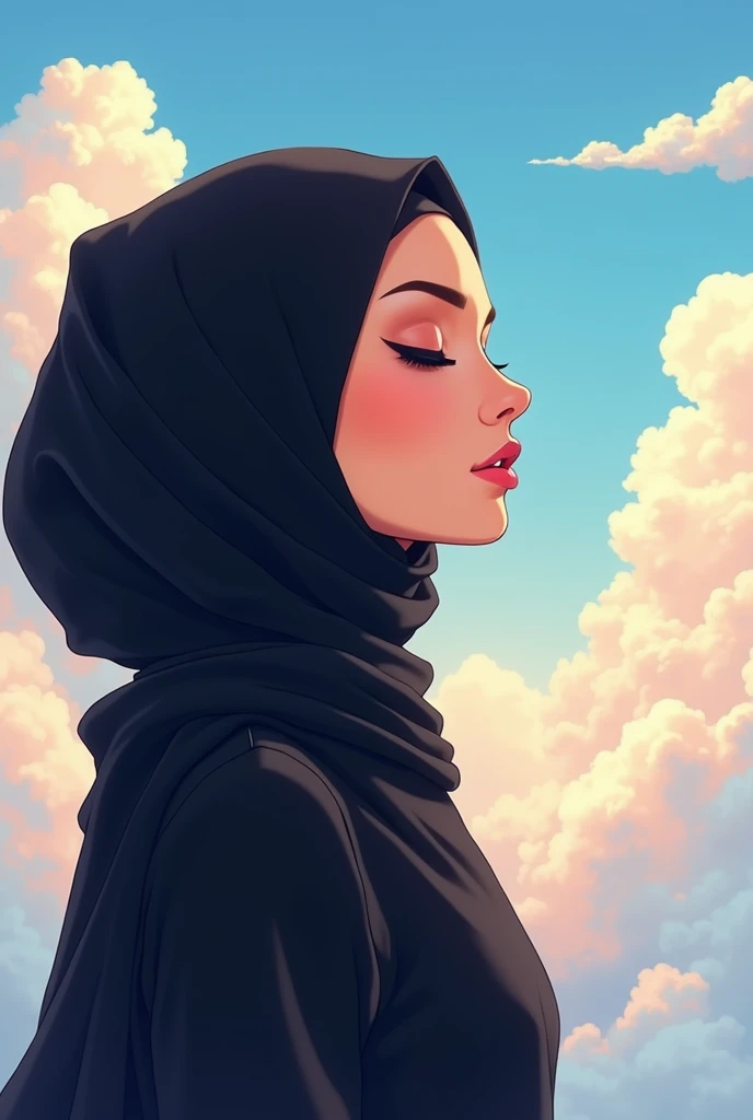 anime manga style, profile picture, Arabic Woman with black hijab, eyes closed, not smiling, cloud background, 