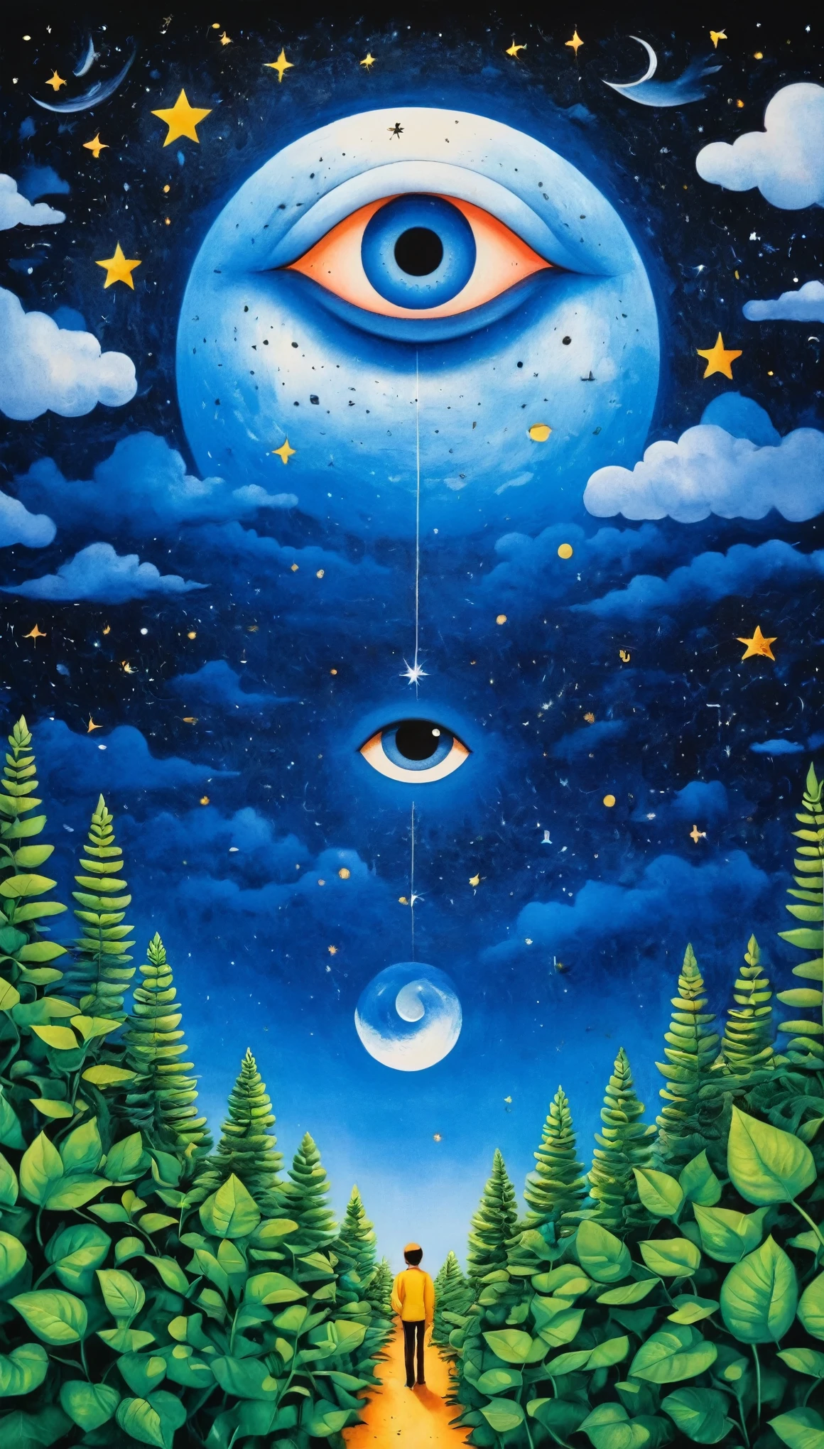 Psychedelic Art。plant、Marine Life、(((Charming eyes,The Third Eye)))、cloud、Starry Sky,Galaxy、Planet、Stitching together an abstract painting,Describing the inner world of autistic people,Sense of space,Blank,White space,Pointillism method,Childish lines,Klein Blue,assimilate into(van gogh)Art style