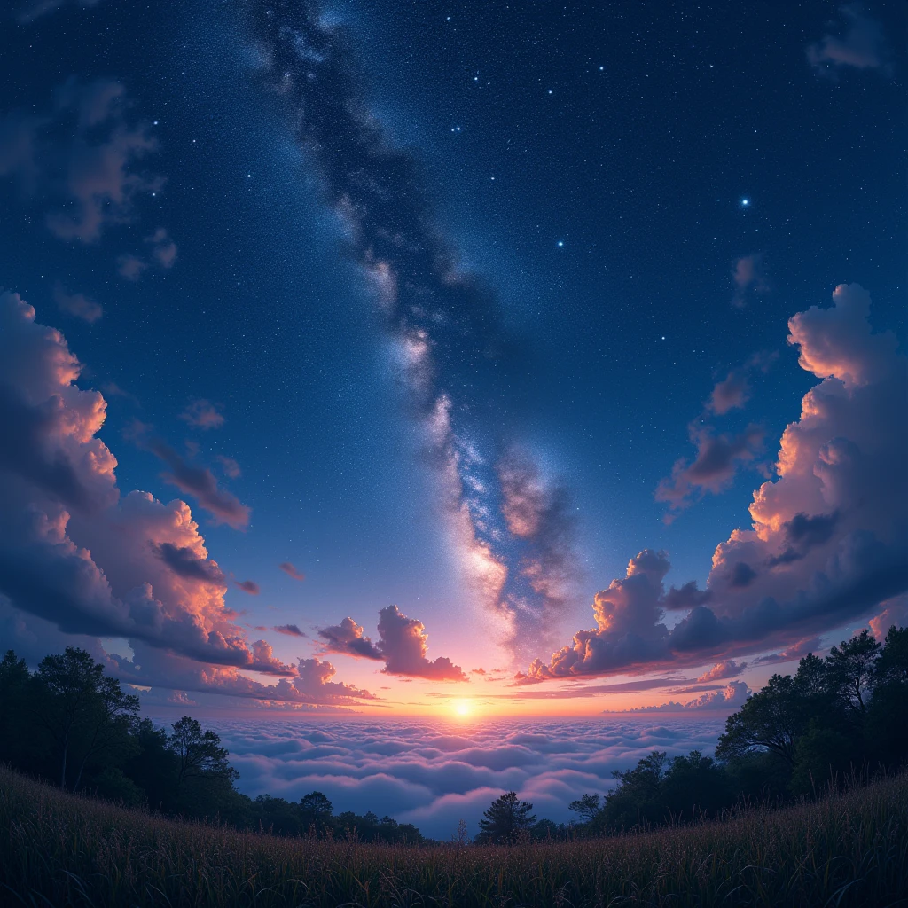 a beautiful summer night sky with stars and constellations, 360 degree panoramic view, detailed night landscape, cinematic lighting, dramatic clouds, vibrant colors, serene atmosphere, highly detailed, 8k, photorealistic, masterpiece, professional