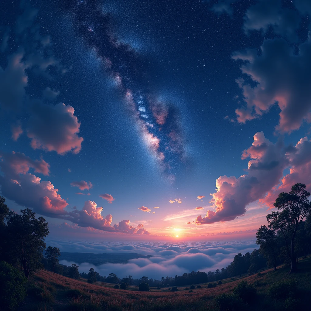 a beautiful summer night sky with stars and constellations, 360 degree panoramic view, detailed night landscape, cinematic lighting, dramatic clouds, vibrant colors, serene atmosphere, highly detailed, 8k, photorealistic, masterpiece, professional