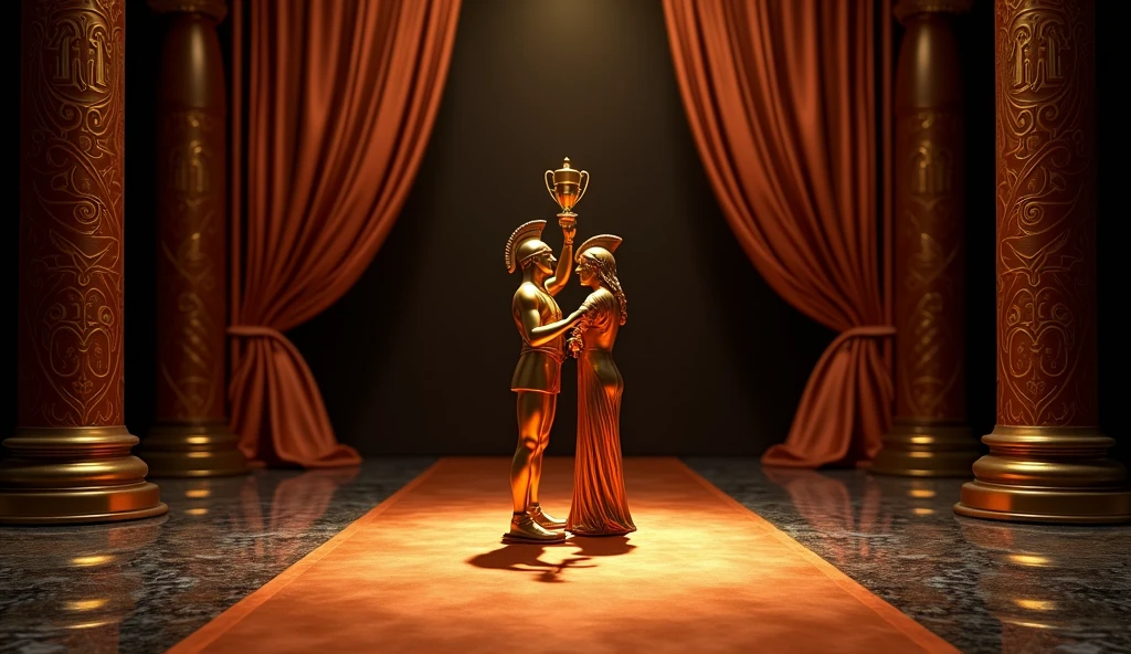 a copper carpet with a Gold statue of a man and women wearing formal suit and dress and wearing spartans helmet and holding up high a trophy, black background, high quality, 4k resolution, intricate detailed and a copper curtain, medieval theme, a sketch by Elaine Hamilton, pixabay, art deco, awards, award winning digital art, award - winning digital art, award-winning digital art, digital award winning artwork, foreground background, award winning pictures, isolated background, award winning composition, background is copper, award winning cinematic