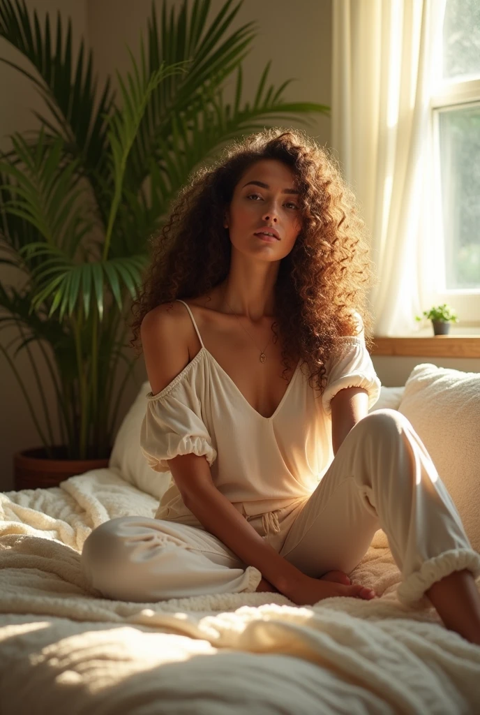 (photorealism:1.2), beautiful woman, sitting on bed, wearing loose off-shoulder top, pajama pants, long curly hair, indoors, soft lighting, plants in background, window with sunlight, cozy room, relaxed pose, realistic, intricate details, warm colors, by Greg Rutkowski, by Alphonse Mucha porn girls