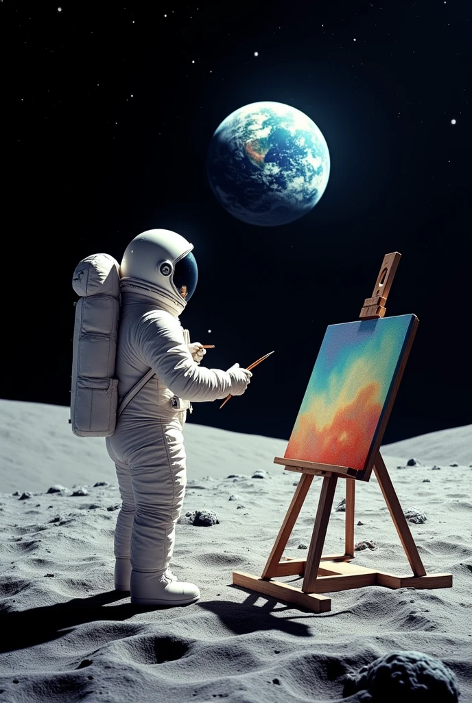 An astronaut with an easel and paintbrushes, painting a scene of the Earth seen from the Moon