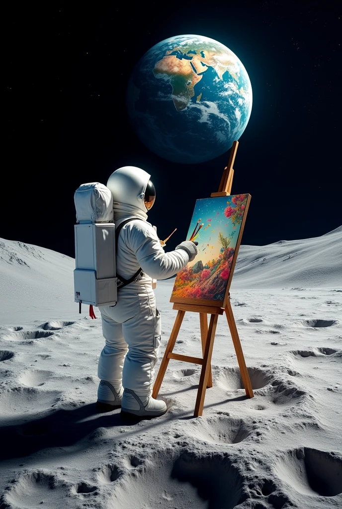 An astronaut with an easel and paintbrushes, painting a scene of the Earth seen from the Moon